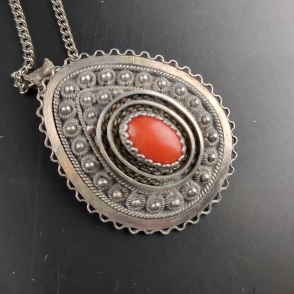Vtg Israel Sterling Silver Carnelian Teardrop Pendant Brooch Necklace 23" 17g - Picture 3 of 10